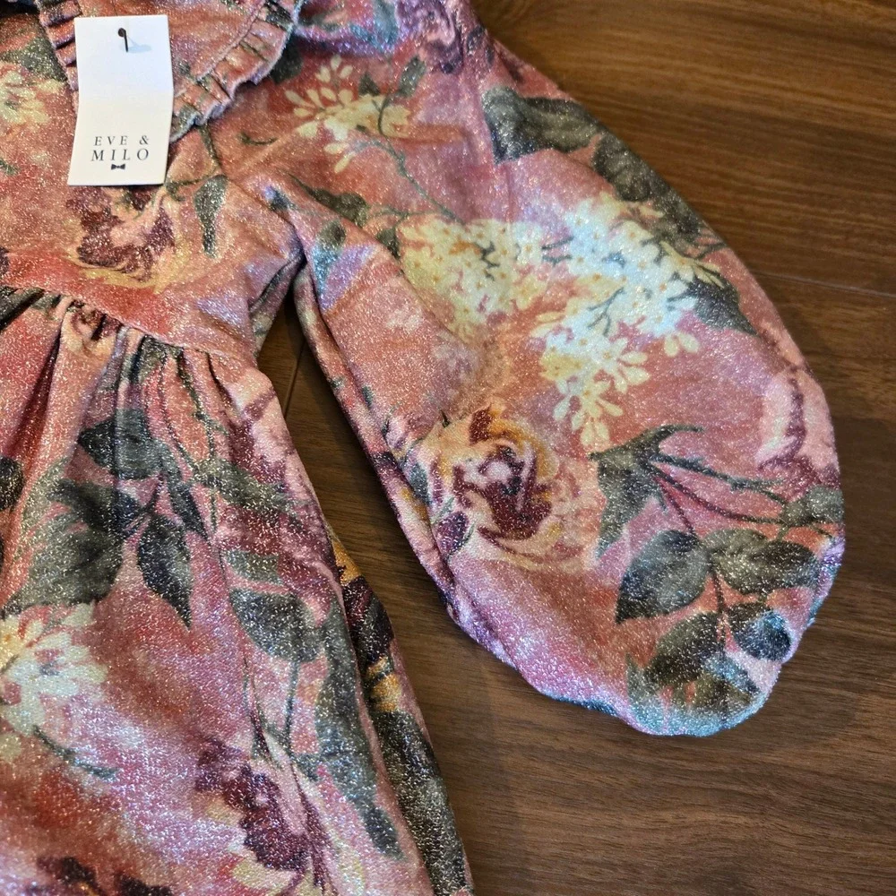 Eve & Milo Kids Pink Metallic Floral Puff Sleeve Ruffle Collar‎ Dress 2-3 Years